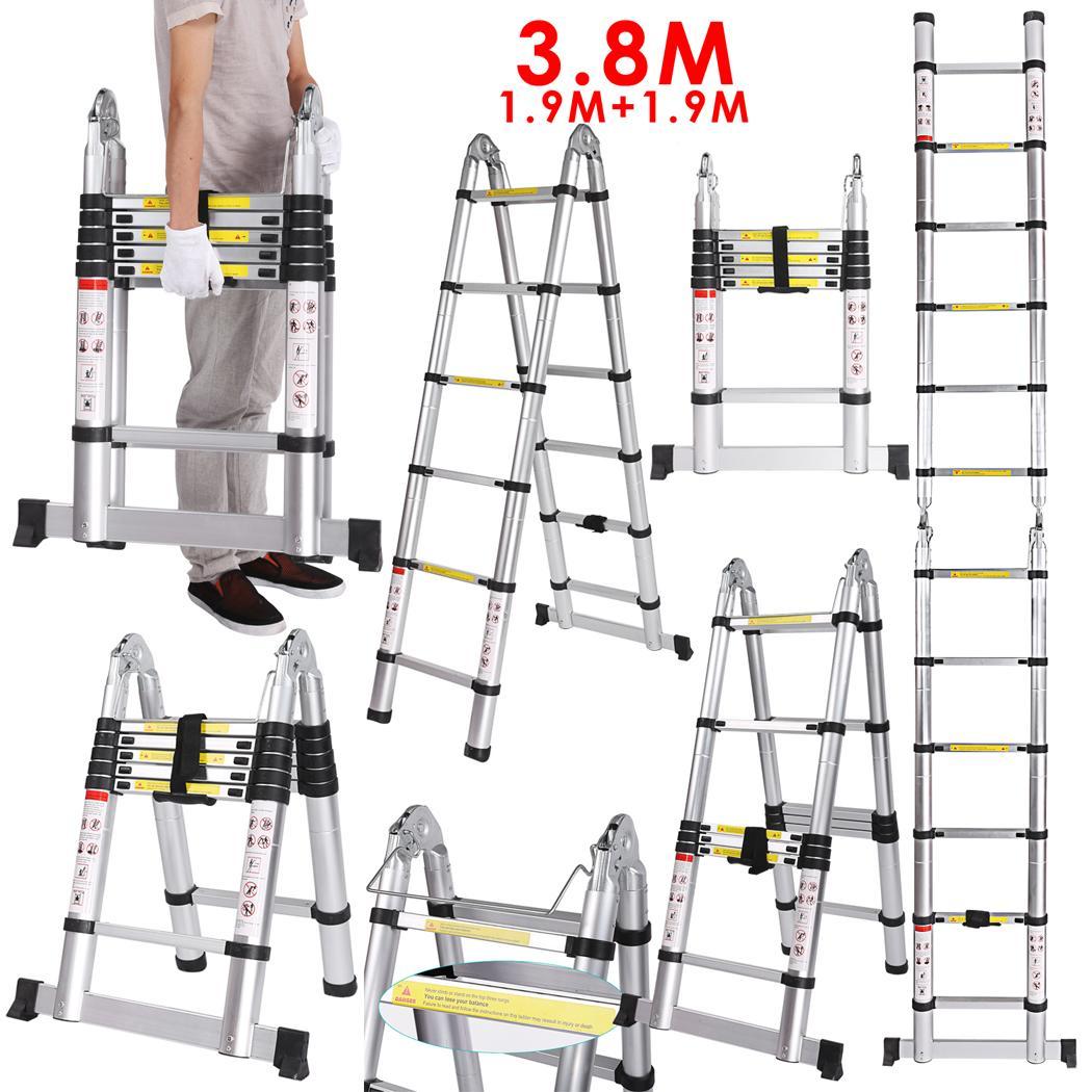 NALULI New 3.8M 1.9 + 1.9M Multipurpose Aluminum Alloy Telescopic Style Folding Extension Extenable Ladder